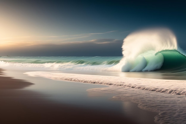 Foto een golf breekt op het strand met daarachter de ondergaande zon.