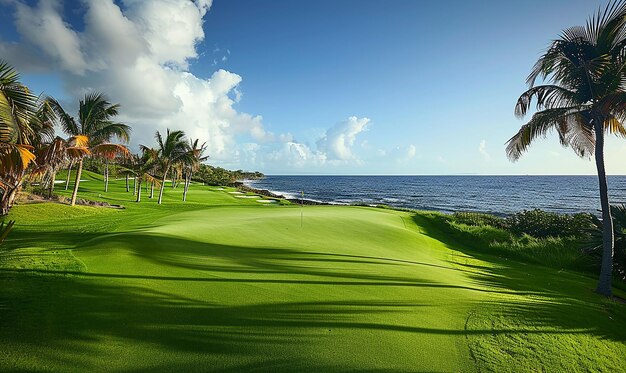 een golfbaan met palmbomen en een golfbaan op de achtergrond