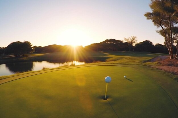 een golfbal op het groen gooien met een golfclub bij zonsondergang met kopieerruimte