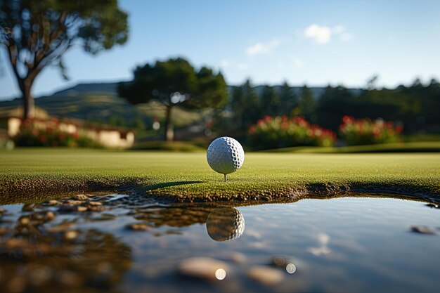 Een golfer zet de bal op een prachtig gemanipuleerde green onder een heldere blauwe hemel gegenereerd met AI