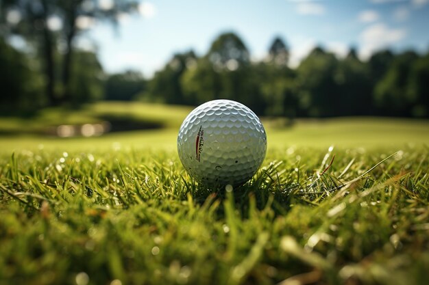 Een golfer zet de bal op een prachtig gemanipuleerde green onder een heldere blauwe hemel gegenereerd met AI