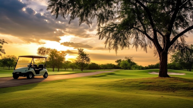Een golfwagen Golfwagen in de fairway van de golfbaan met vers groen grasveld en wolkenhemel en boom bij zonsondergang Generatieve Ai
