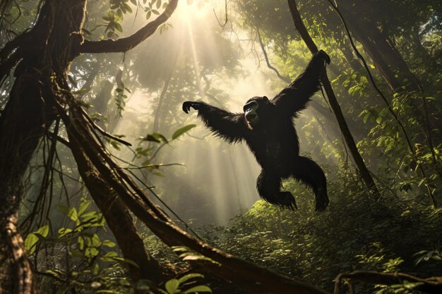 Foto een gorilla die aan een boom in het oerwoud hangt