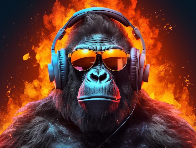 een gorilla die een koptelefoon op heeft en een zonnebril draagt met een vuur op de achtergrond