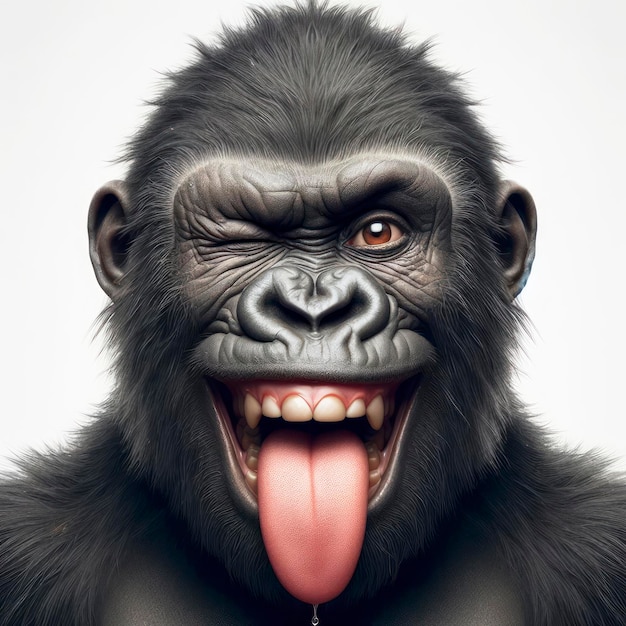 een gorilla die knipoogt en zijn tong uitsteekt