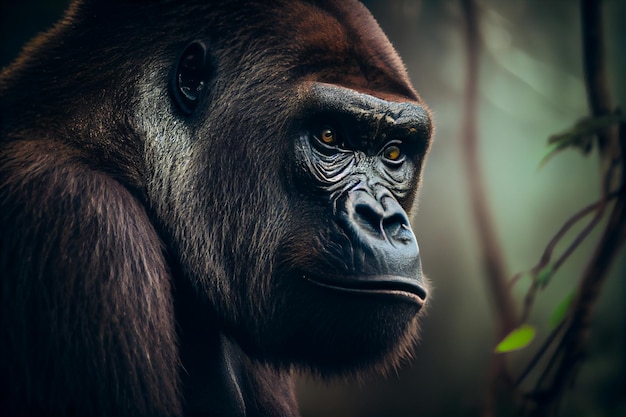 Een gorilla in de jungle met een groen blad op de voorgrond