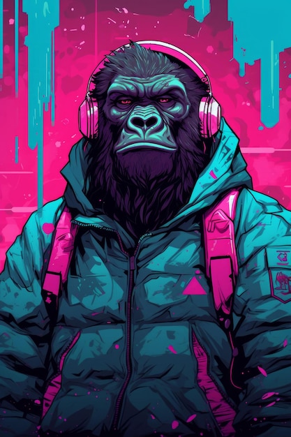 Een gorilla in een hoodie met een neonbord waarop gorilla's staat.