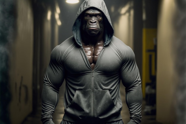 Een gorilla in een hoodie staat in een donkere kamer