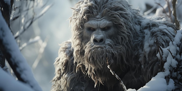 een gorilla in het bos met een met sneeuw bedekte achtergrond verbeelding van yeti