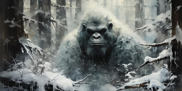 een gorilla in het bos met een met sneeuw bedekte achtergrond