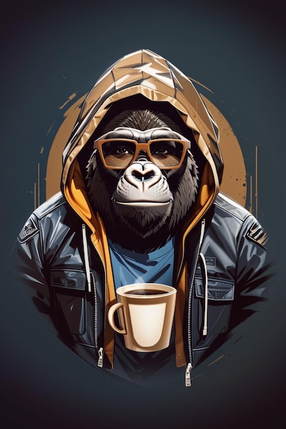 Een gorilla met capuchon en bril, genietend van een kopje koffie