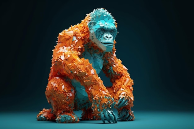 Een gorilla met een blauwe achtergrond en oranje en blauwe bladeren.