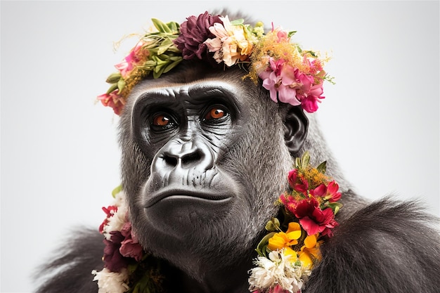 Een gorilla met een bloemenkroon op haar hoofd