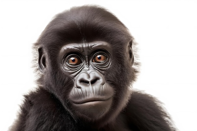Een gorilla met een witte achtergrond en een zwart gezicht.