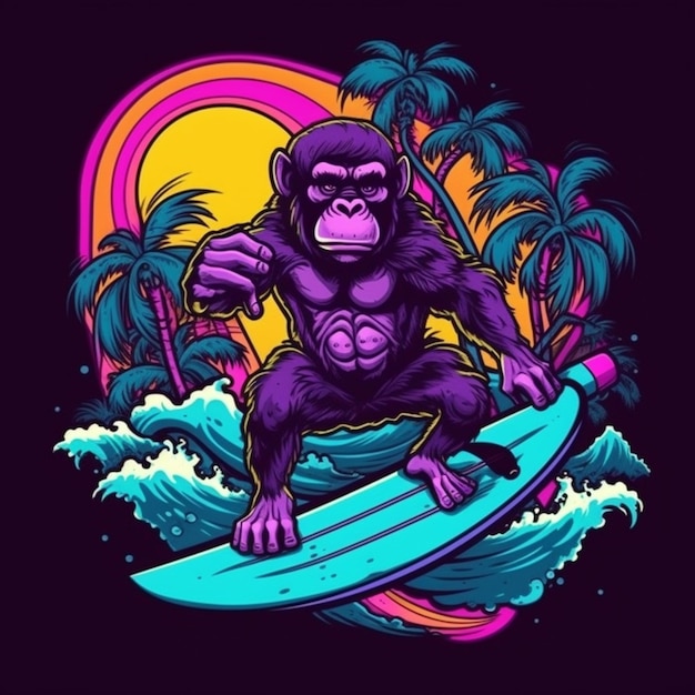 Een gorilla rijdt op een surfplank op een golf in de oceaan generatieve ai