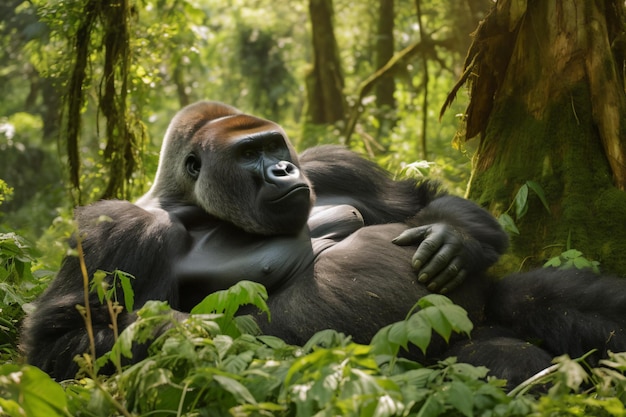 Een gorilla zit in de jungle met een groene achtergrond.