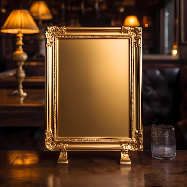 Een goud ingelijste foto op een tafel met een glas water.