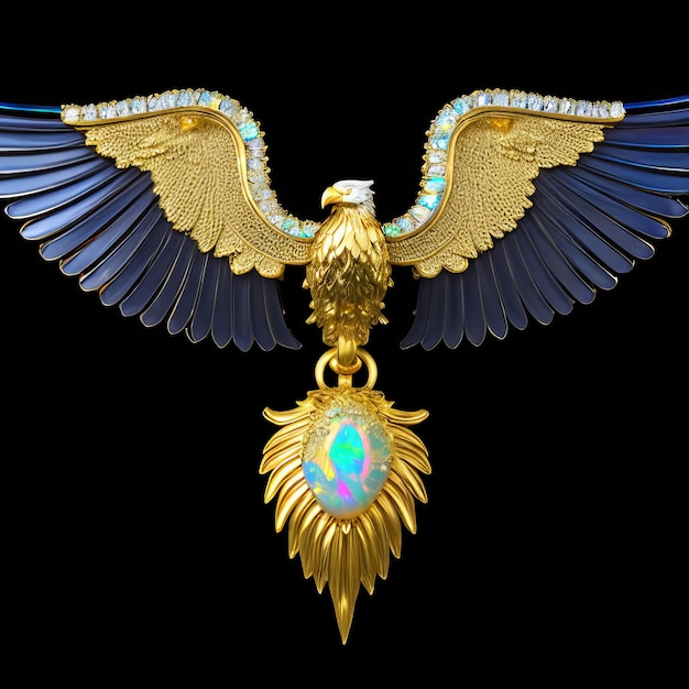 Een goud met blauwe vogel met een diamant in zijn nek