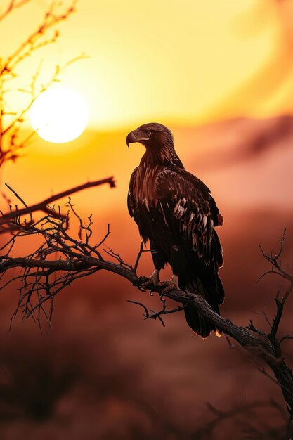 Een gouden adelaar die op een tak zit tegen de achtergrond van een serene zonsondergang