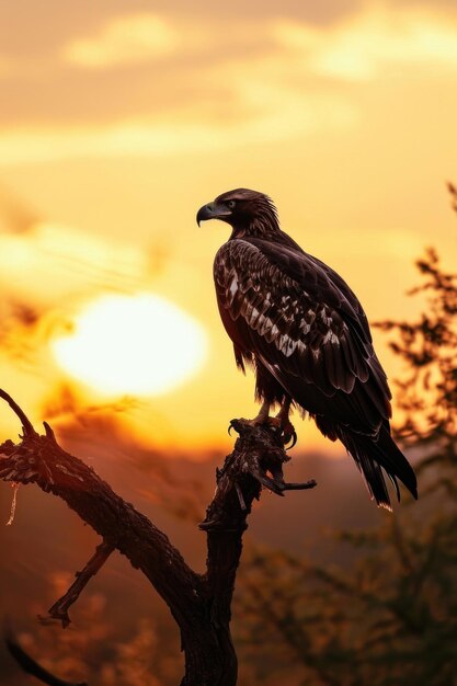 Een gouden adelaar die op een tak zit tegen de achtergrond van een serene zonsondergang