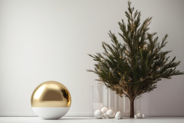 Een gouden bal ligt op een tafel naast een kerstboom.