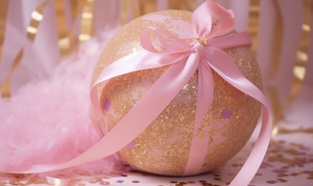 Een gouden bal met een roze lint en een strik erop.
