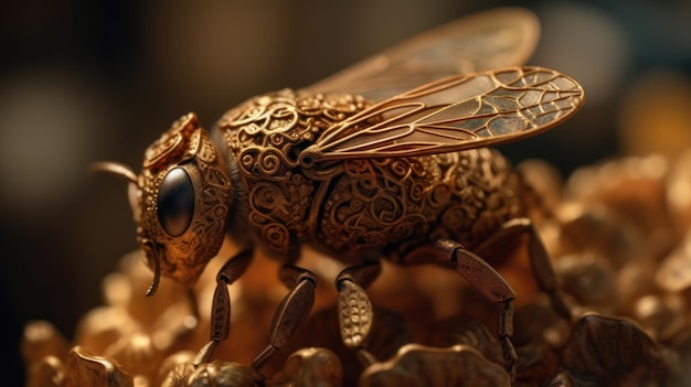 Een gouden bijensculptuur met een lichaam en vleugels van goudkleurig metaal