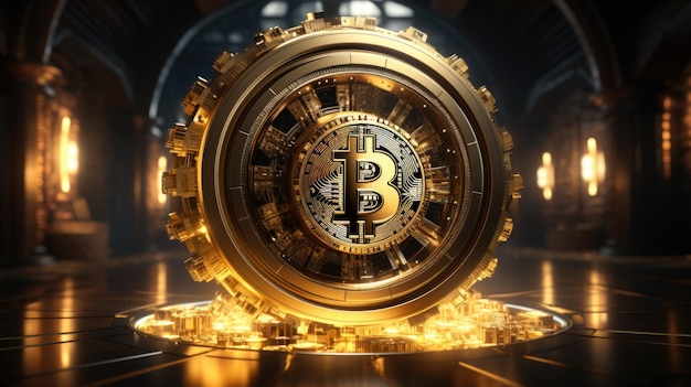 Een gouden bitcoin bovenop een stapel gouden munten cyber security concept afbeelding digitaal beeld