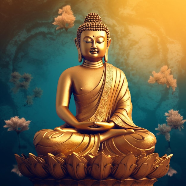 Een gouden boeddha zit in een lotusbloembed.