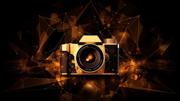 Een gouden camera met een zwarte achtergrond en het woord camera erop.