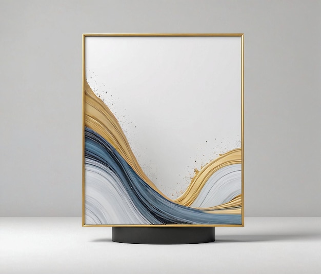 een gouden en blauwe abstracte schilderij op een witte achtergrond