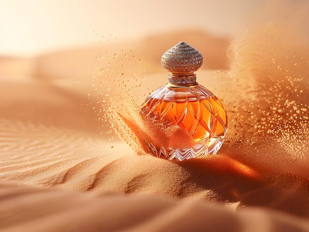 Een gouden en glazen parfumfles zit op een zandstrand met de oceaan op de achtergrond