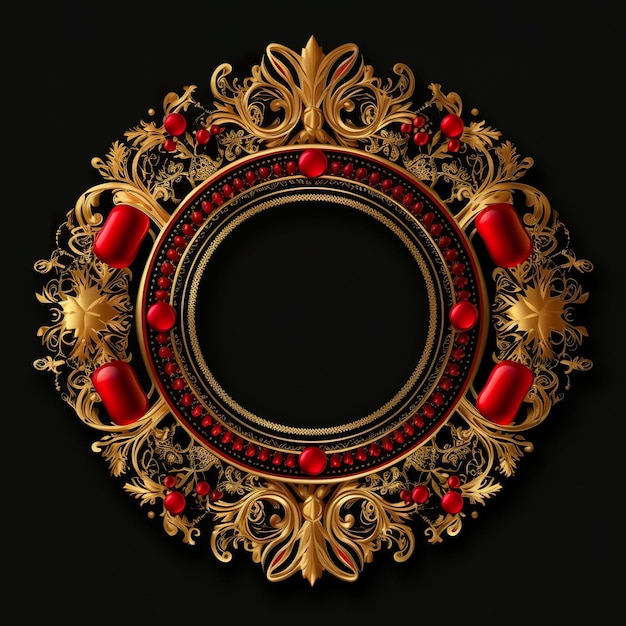 Een gouden en rode cirkelvormige frame op een zwarte achtergrond Generatieve AI kerstkrans clipart