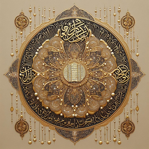 een gouden en zwarte mandala met het woord Arabisch erop