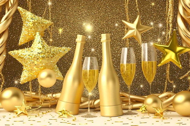 Een gouden fles champagne staat op een tafel met gouden sterren en een gouden ster.