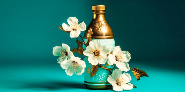 Een gouden fles met witte bloemen op een cyaanachtergrond