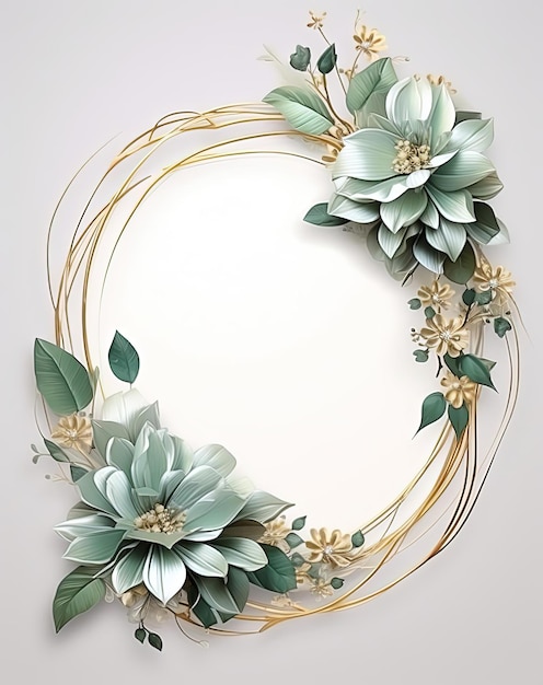 een gouden frame met groene bladeren en bloemen in de stijl van lichtgrijs en smaragd