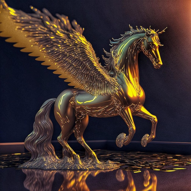 Een gouden gevleugeld paard met een staart waarop "het woord" staat.