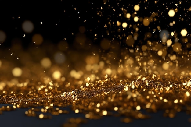 Een gouden glitterstof is verspreid op een zwarte achtergrond.