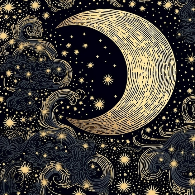 een gouden halve maan en sterren aan de nachtelijke hemel met wolken generatieve ai