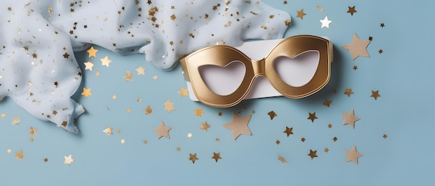 Een gouden hartvormige bril met gouden hartjes op een blauwe achtergrond