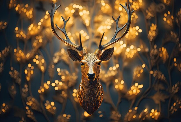een gouden hertenhoofd wordt getoond voor een lichtstuk in de stijl van flikker-effecten