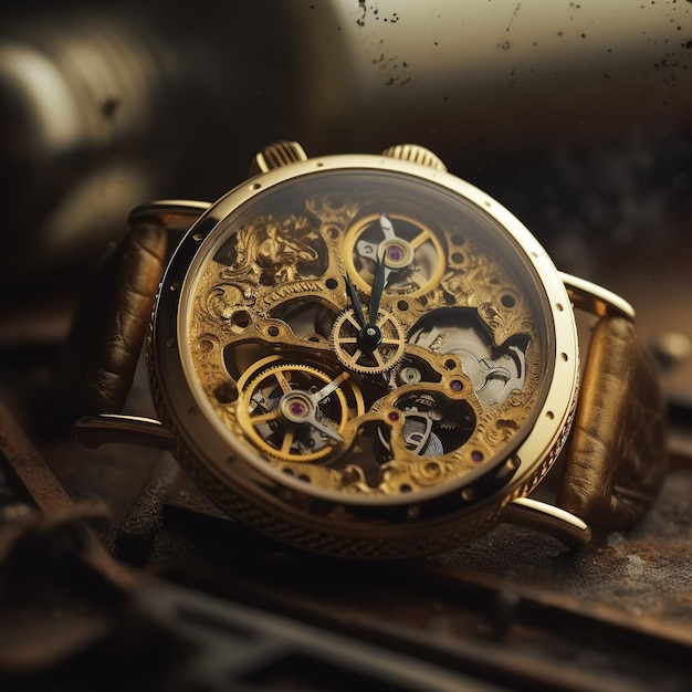 Een gouden horloge met het woord gears erop