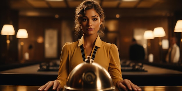 Foto een gouden hotelbel en een kamer met een vrouw erin die op de tafel zit