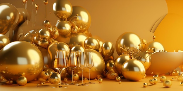 Een gouden kerstboom wordt omringd door kerstballen.