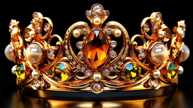 Een gouden kroon met parels en edelstenen op een zwarte achtergrond