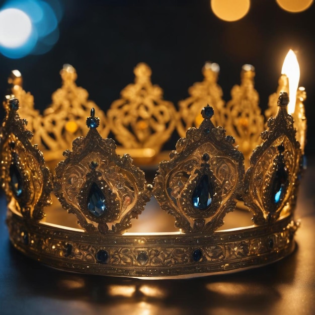 Een gouden kroon rustend op een tafel naast een aangestoken kaars