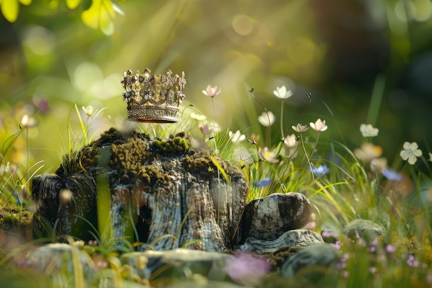 Foto een gouden kroon staat op een rots in een veld van bloemen.