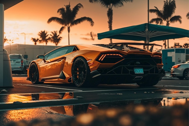 Een gouden lamborghini staat geparkeerd op een parkeerplaats bij zonsondergang.