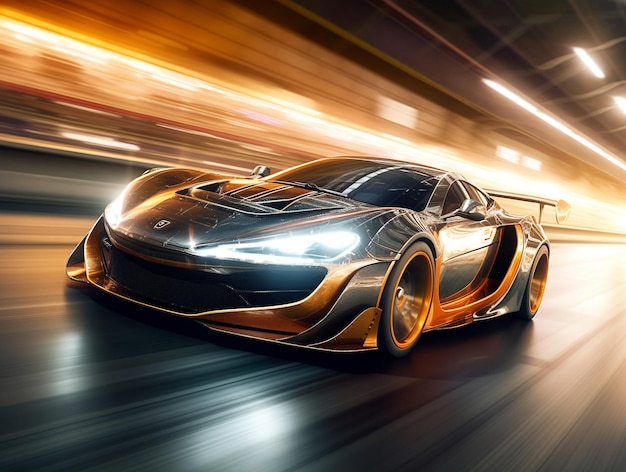 Een gouden McLaren-auto rijdt op een weg met lichten aan.